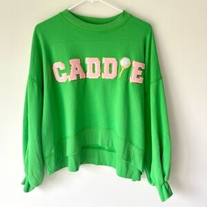 Judith March Caddie Squad Green Pullover Crewneck Pink Patch Letters Gold Tee